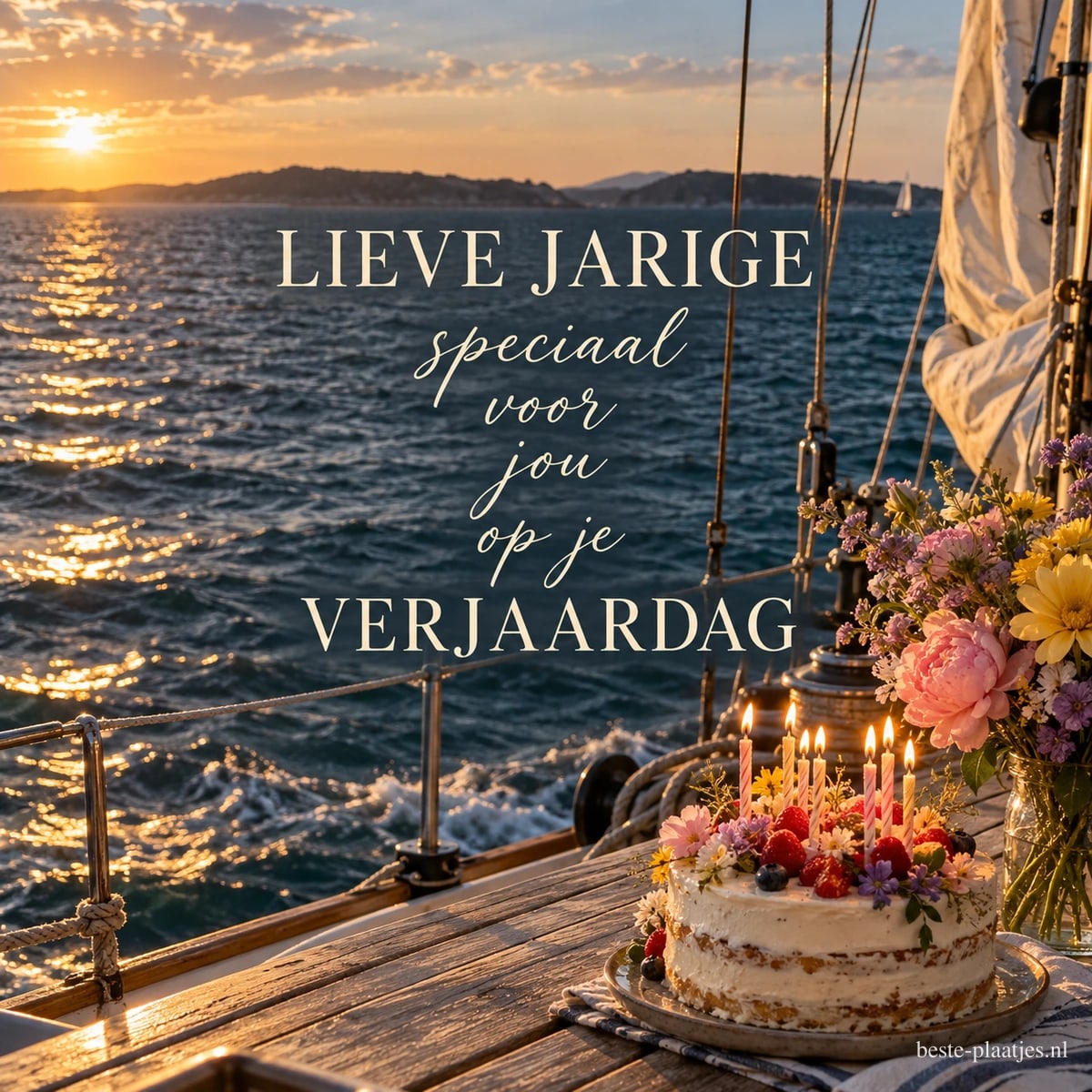 Een taart en bloemen staan op het dek van een zeilboot bij zonsondergang, met de tekst LIEVE JARIGE speciaal voor jou op je VERJAARDAG.