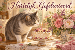Een grijswitte kat bekijkt een taart met een brandend kaarsje naast een vaas roze bloemen, onder de tekst Hartelijk Gefeliciteerd.