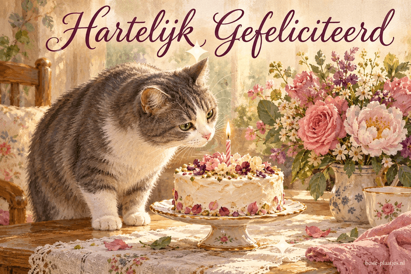 Een grijswitte kat bekijkt een taart met een brandend kaarsje naast een vaas roze bloemen, onder de tekst Hartelijk Gefeliciteerd.