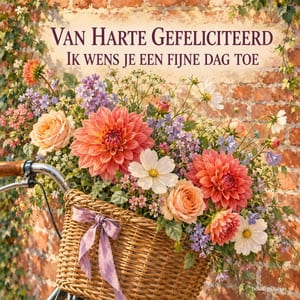 Een fietsmand met dahlia's, rozen en andere bloemen staat tegen een muur, onder de tekst Van Harte Gefeliciteerd Ik wens je een fijne dag toe.