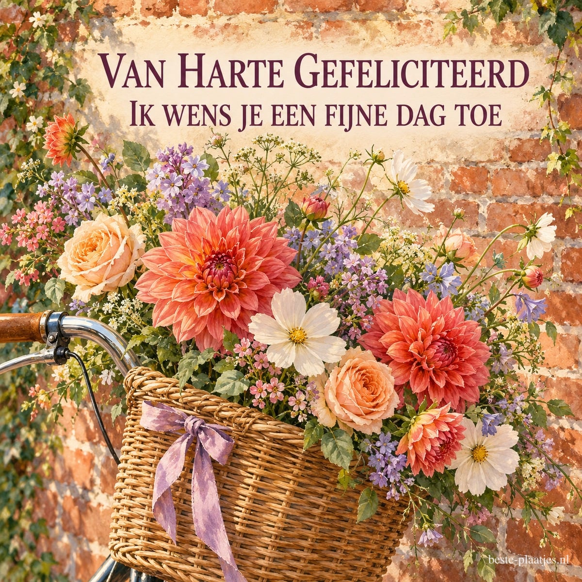 Een fietsmand met dahlia's, rozen en andere bloemen staat tegen een muur, onder de tekst Van Harte Gefeliciteerd Ik wens je een fijne dag toe.