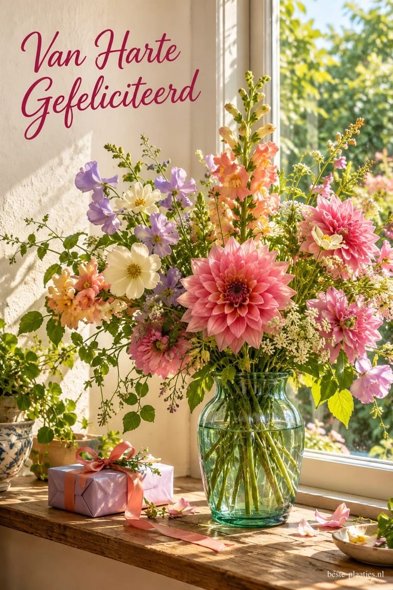 Een boeket met roze dahlia's staat in een groene glazen vaas bij het raam, naast een cadeautje en de tekst Van Harte Gefeliciteerd.