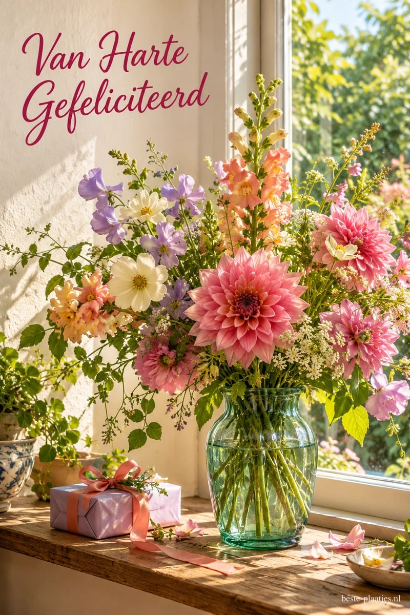 Een boeket met roze dahlia's staat in een groene glazen vaas bij het raam, naast een cadeautje en de tekst Van Harte Gefeliciteerd.
