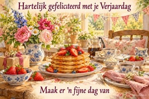 Een ontbijttafel met pannenkoeken en bloemen draagt de teksten Hartelijk gefeliciteerd met je Verjaardag en Maak er 'n fijne dag van.