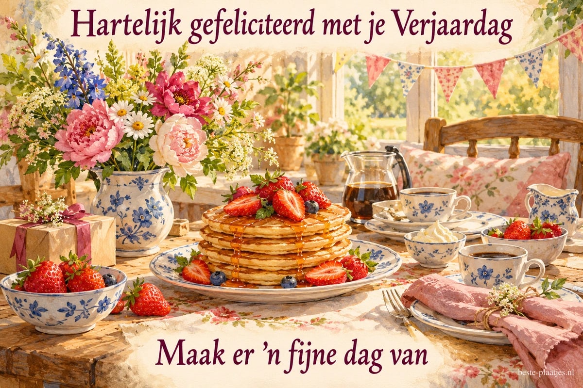 Een ontbijttafel met pannenkoeken en bloemen draagt de teksten Hartelijk gefeliciteerd met je Verjaardag en Maak er 'n fijne dag van.