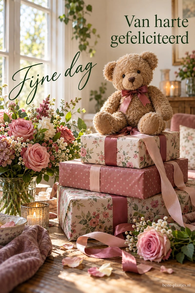 Een teddybeer met een strik zit op drie ingepakte cadeaus bij het raam, met de teksten Van harte gefeliciteerd en Fijne dag.