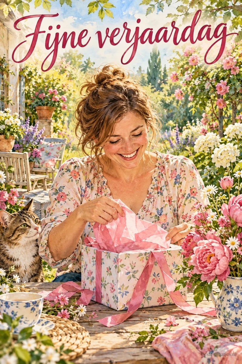 Een vrouw pakt in de zomer een cadeau uit aan een tuintafel vol bloemen, terwijl een kat toekijkt, onder de tekst Fijne verjaardag.