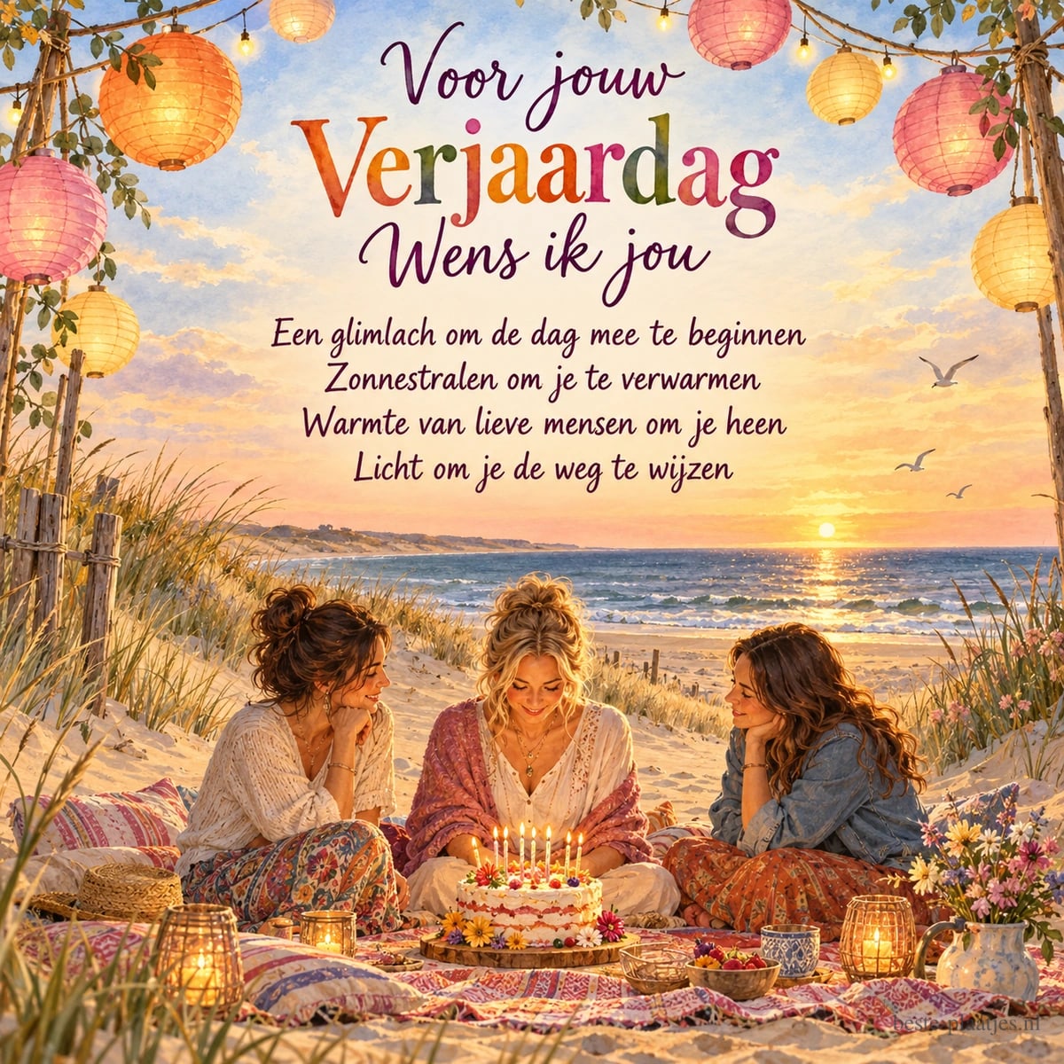 Drie vrouwen vieren een verjaardag op het strand in de zomer, onder kleurrijke lampionnen en de tekst Voor jouw Verjaardag Wens ik jou met verdere verjaardagswensen.