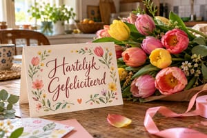 Een kaart met de tekst Hartelijk Gefeliciteerd staat naast een boeket roze en gele tulpen op een houten keukentafel in de lente.