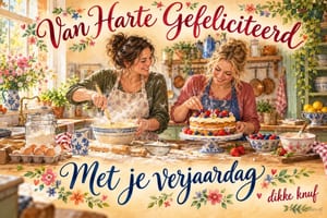Twee vrouwen bakken een verjaardagstaart in een keuken, met de tekst Van Harte Gefeliciteerd Met je verjaardag dikke knuf.