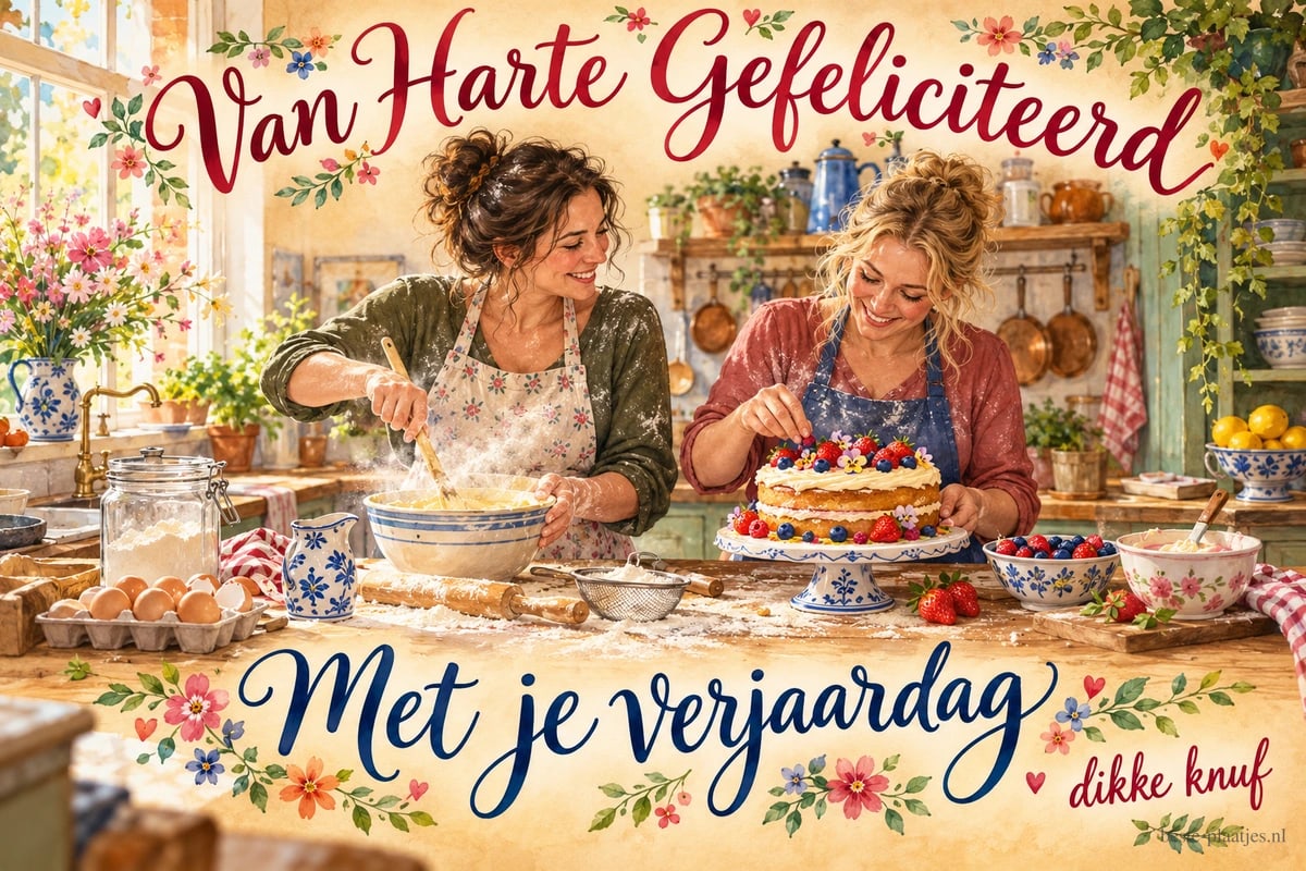 Twee vrouwen bakken een verjaardagstaart in een keuken, met de tekst Van Harte Gefeliciteerd Met je verjaardag dikke knuf.