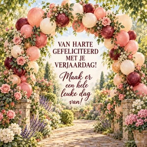 Een ballonnenboog met rozen omlijst een tuinpad en de tekst VAN HARTE GEFELICITEERD MET JE VERJAARDAG! Maak er een hele leuke dag van!