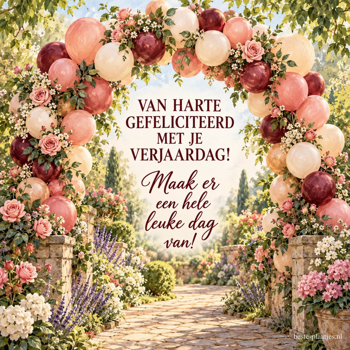 Een ballonnenboog met rozen omlijst een tuinpad en de tekst VAN HARTE GEFELICITEERD MET JE VERJAARDAG! Maak er een hele leuke dag van!
