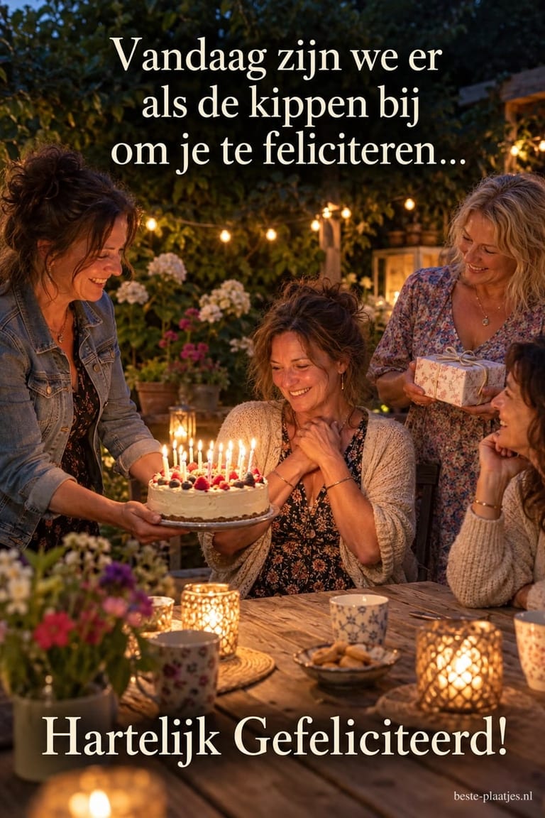 Vriendinnen vieren een verjaardag bij kaarslicht, met de tekst Vandaag zijn we er als de kippen bij om je te feliciteren... Hartelijk Gefeliciteerd!