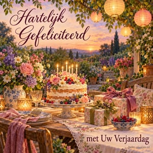 Een feesttafel met taart, cadeaus en lampionnen staat bij zonsondergang in een tuin in de zomer, met de tekst Hartelijk Gefeliciteerd met Uw Verjaardag.