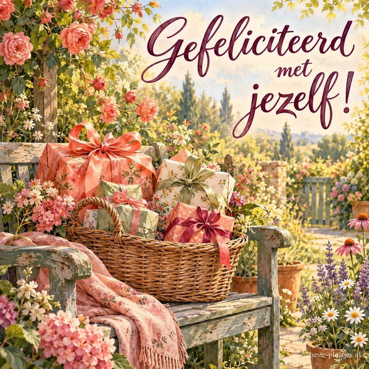 Een mand vol ingepakte cadeaus staat op een tuinbank tussen bloemen in de zomer, met de tekst Gefeliciteerd met jezelf!