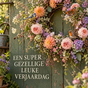 Een pimpelmees, roodborstje en vlinders versieren een bloemenkrans op een groene deur, naast de tekst 'EEN SUPER GEZELLIGE LEUKE VERJAARDAG'.