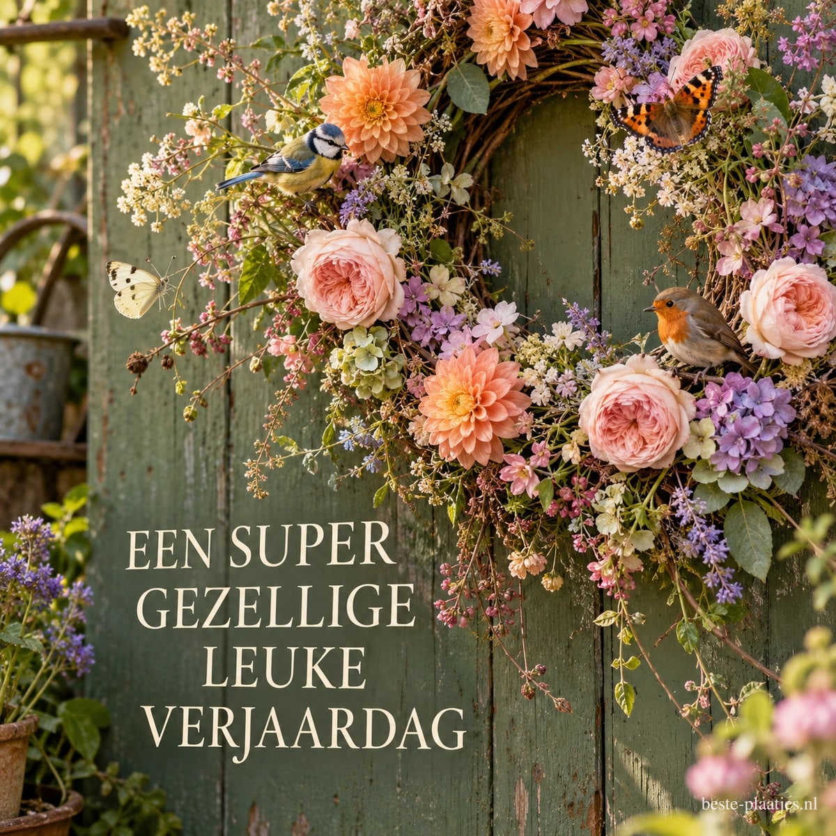 Een pimpelmees, roodborstje en vlinders versieren een bloemenkrans op een groene deur, naast de tekst 'EEN SUPER GEZELLIGE LEUKE VERJAARDAG'.