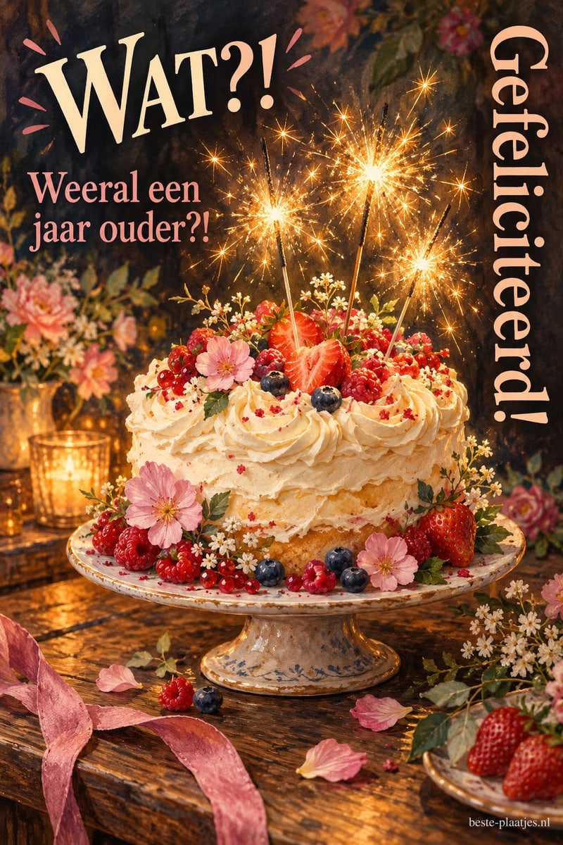 Een taart met fruit, bloemen en brandende sterretjes draagt de tekst WAT?! Weeral een jaar ouder?! Gefeliciteerd!