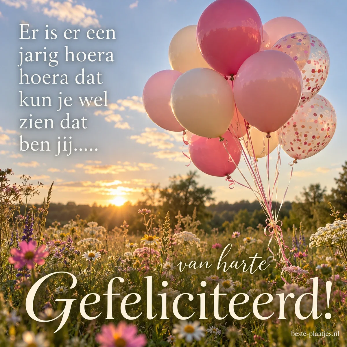 Ballonnen boven een bloemenweide in de zomer begeleiden de tekst Er is er een jarig hoera hoera dat kun je wel zien dat ben jij..... van harte Gefeliciteerd!