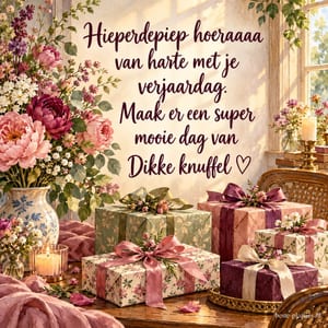 Cadeaus met linten staan naast een grote bloemenvaas en brandende kaarsen bij het raam, met de tekst Hieperdepiep hoeraaaa van harte met je verjaardag.