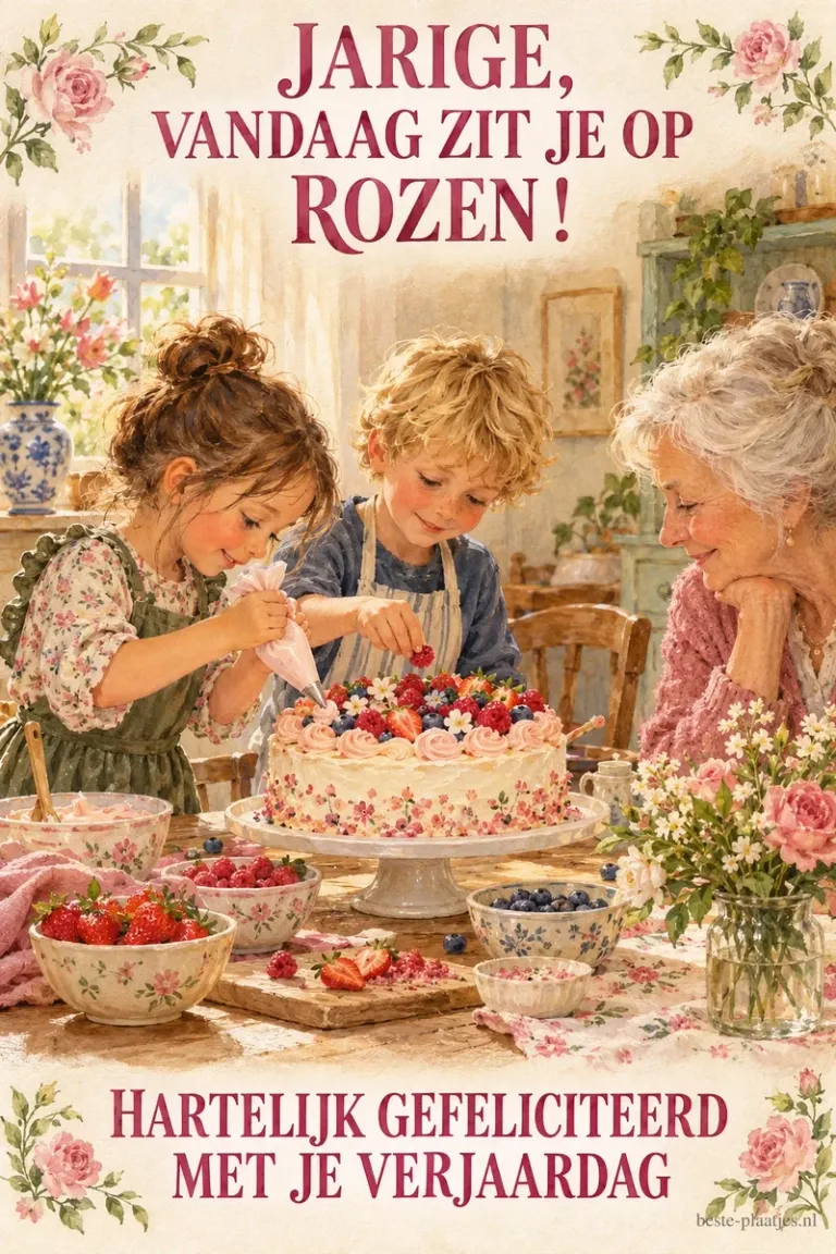 Twee kinderen versieren bij een oudere vrouw een taart, met de tekst JARIGE, VANDAAG ZIT JE OP ROZEN! HARTELIJK GEFELICITEERD MET JE VERJAARDAG.