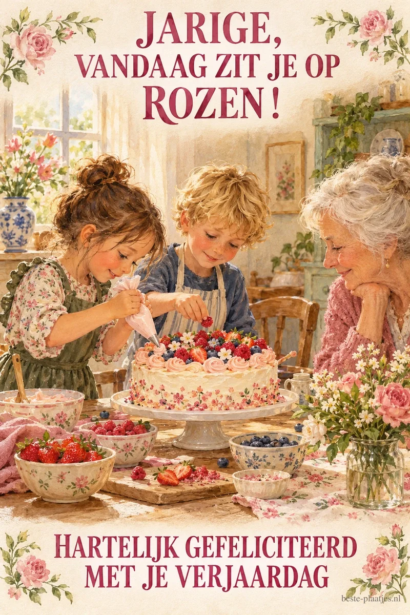 Twee kinderen versieren bij een oudere vrouw een taart, met de tekst JARIGE, VANDAAG ZIT JE OP ROZEN! HARTELIJK GEFELICITEERD MET JE VERJAARDAG.