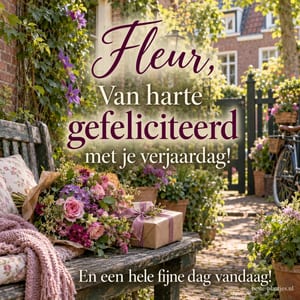 Een houten bank met bloemen, een cadeau en een roze plaid staat in een zonnige tuin, met de verjaardagswens Fleur, Van harte gefeliciteerd met je verjaardag!