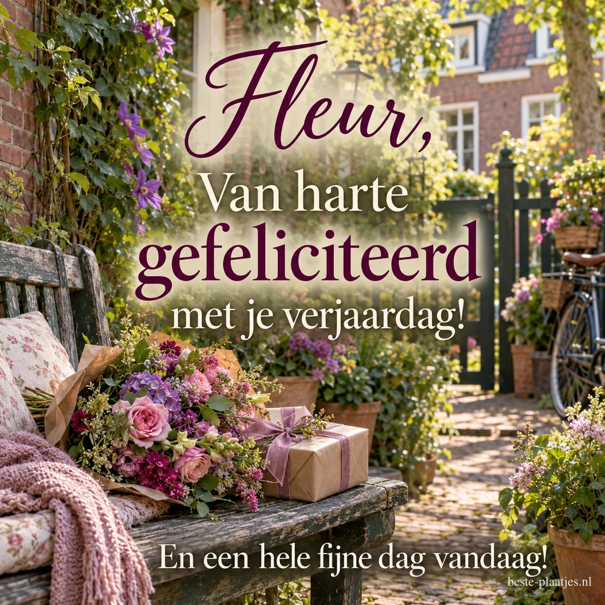 Een houten bank met bloemen, een cadeau en een roze plaid staat in een zonnige tuin, met de verjaardagswens Fleur, Van harte gefeliciteerd met je verjaardag!
