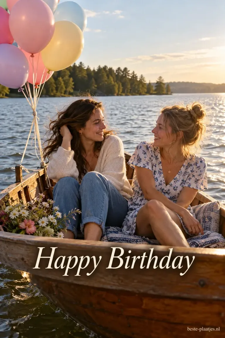 Twee lachende vrouwen zitten in de zomer met pastelballonnen en bloemen in een houten roeiboot op het meer, met de tekst Happy Birthday.