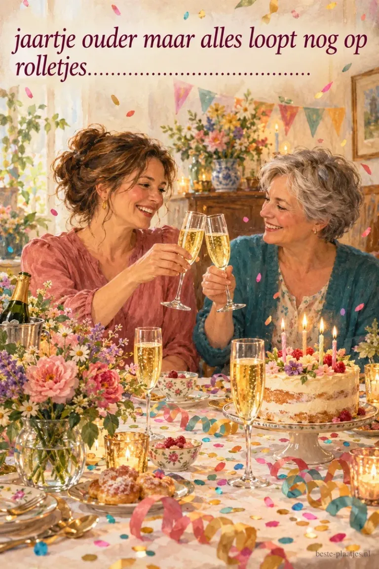 Twee vrouwen klinken hun champagneglazen aan een feestelijke tafel met taart en bloemen, met de tekst jaartje ouder maar alles loopt nog op rolletjes.