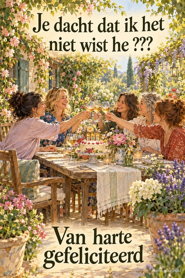 Vijf vrouwen heffen hun glazen onder bloesem in een tuin, met de tekst Je dacht dat ik het niet wist he ??? Van harte gefeliciteerd.