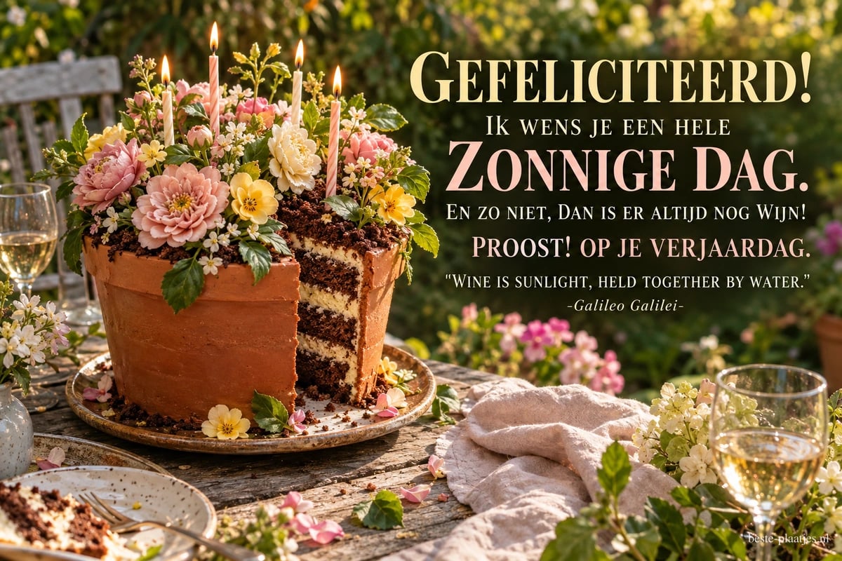 Een chocoladetaart met kleurrijke bloemen en brandende kaarsjes staat op een houten tuintafel naast witte wijn, met de tekst GEFELICITEERD!