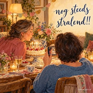 Een vrouw blaast de kaarsjes op haar verjaardagstaart uit terwijl een vriendin haar met een telefoon fotografeert, met de tekst nog steeds stralend!!