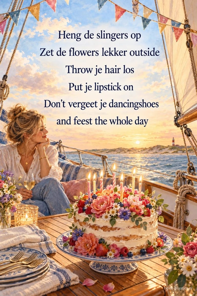 Een vrouw zit in de zomer op een zeilboot naast een verjaardagstaart, met de tekst Heng de slingers op en feest the whole day.
