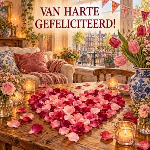 Een hart van rozenblaadjes ligt tussen kaarsen op tafel naast een vaas met een tulp, onder de tekst VAN HARTE GEFELICITEERD!