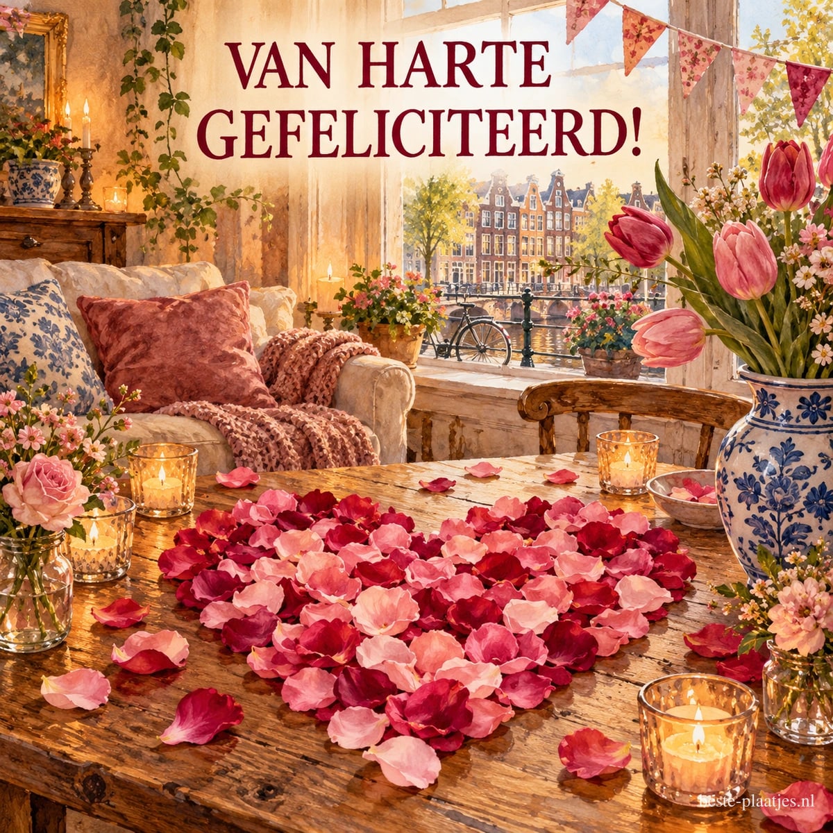 Een hart van rozenblaadjes ligt tussen kaarsen op tafel naast een vaas met een tulp, onder de tekst VAN HARTE GEFELICITEERD!