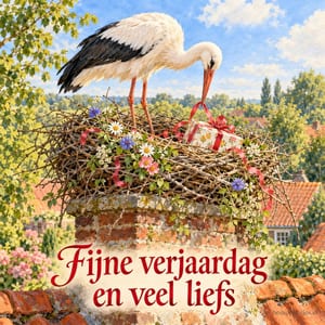 Een ooievaar houdt een rood cadeaulint in zijn snavel boven een bloemrijk nest op een schoorsteen, met de tekst Fijne verjaardag en veel liefs.