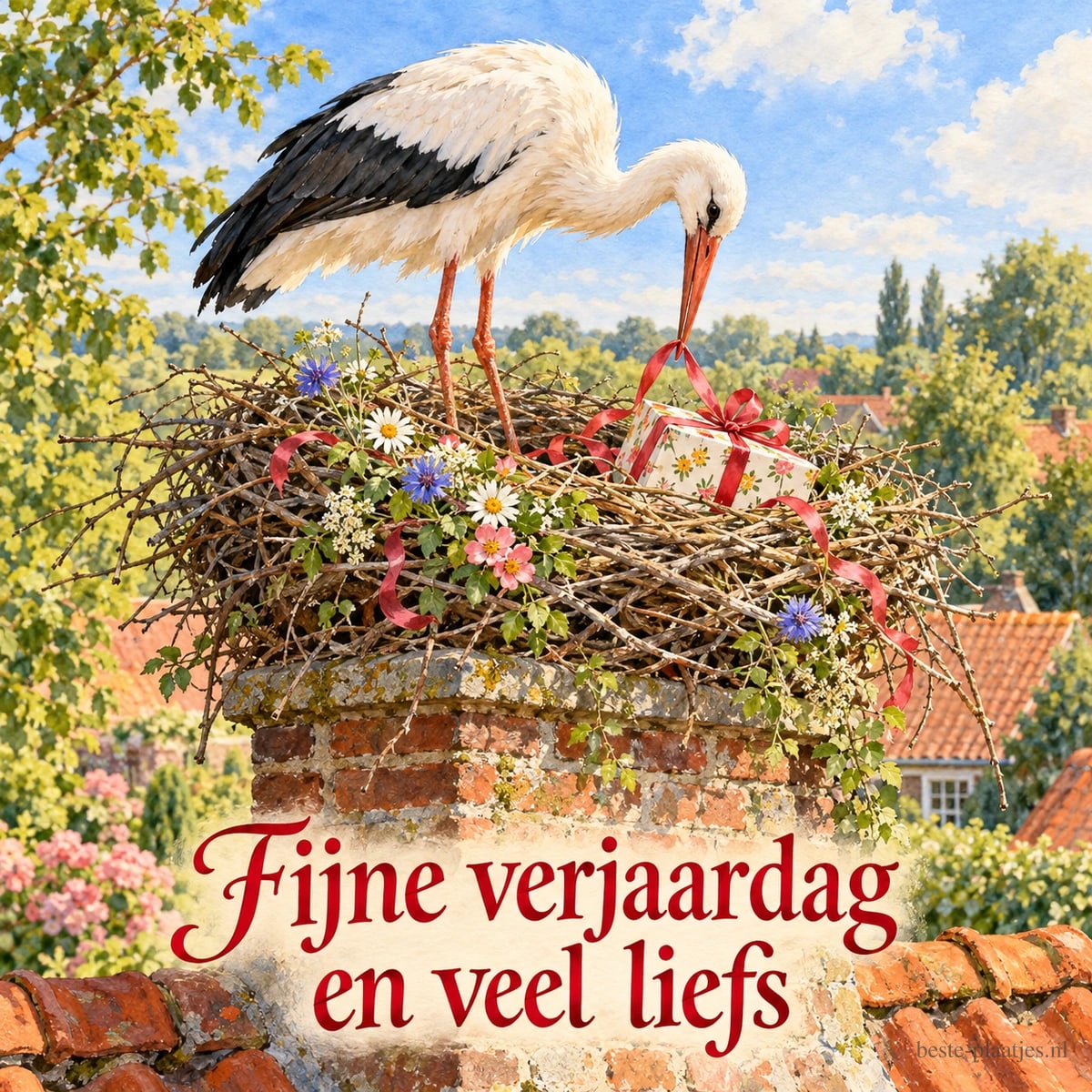 Een ooievaar houdt een rood cadeaulint in zijn snavel boven een bloemrijk nest op een schoorsteen, met de tekst Fijne verjaardag en veel liefs.