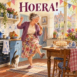 Een grijsharige vrouw danst naast een kat in een keuken met tulpen in de lente, met de tekst HOERA! boven haar.