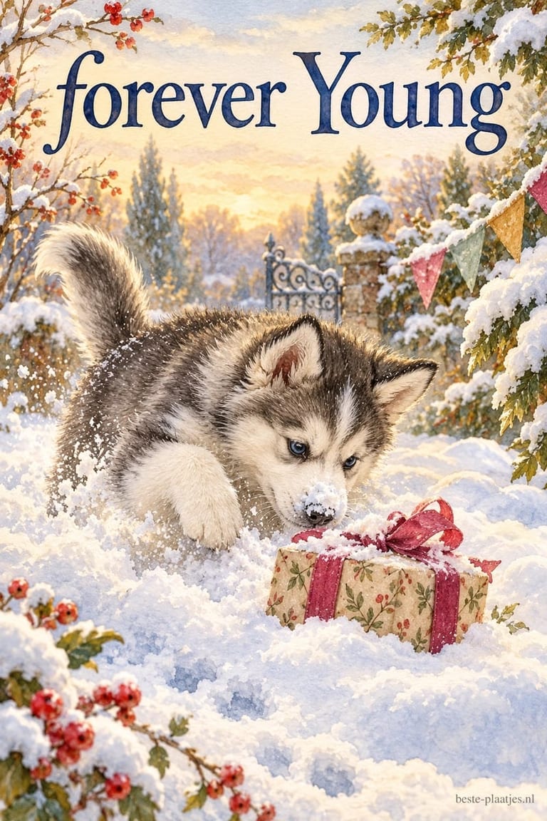 Een speelse huskypup springt door de sneeuw naar een ingepakt cadeau met een roze strik, met bovenaan de tekst forever Young.