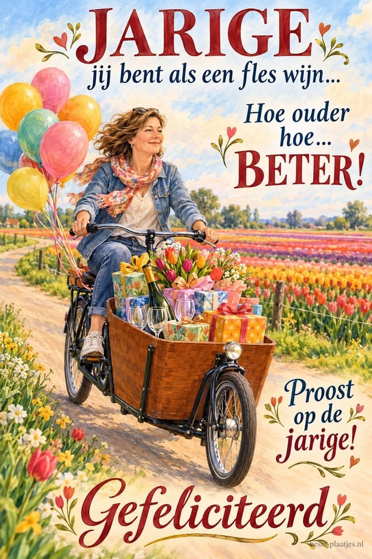Een vrouw rijdt met een bakfiets langs tulpenvelden in de lente, met ballonnen, cadeaus en de teksten JARIGE, BETER! en Gefeliciteerd.