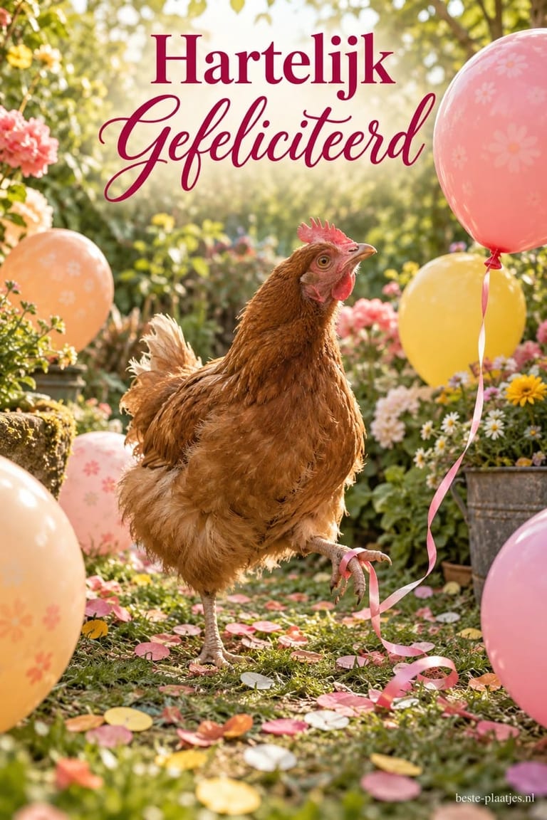 Een bruine kip houdt een roze lint vast met haar poot, omringd door ballonnen en confetti, onder de tekst 'Hartelijk Gefeliciteerd'.