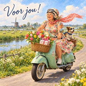Een vrolijke vrouw rijdt met een hondje op een groene scooter langs een tulpenveld, met een tulp in haar mand en de tekst Voor jou!