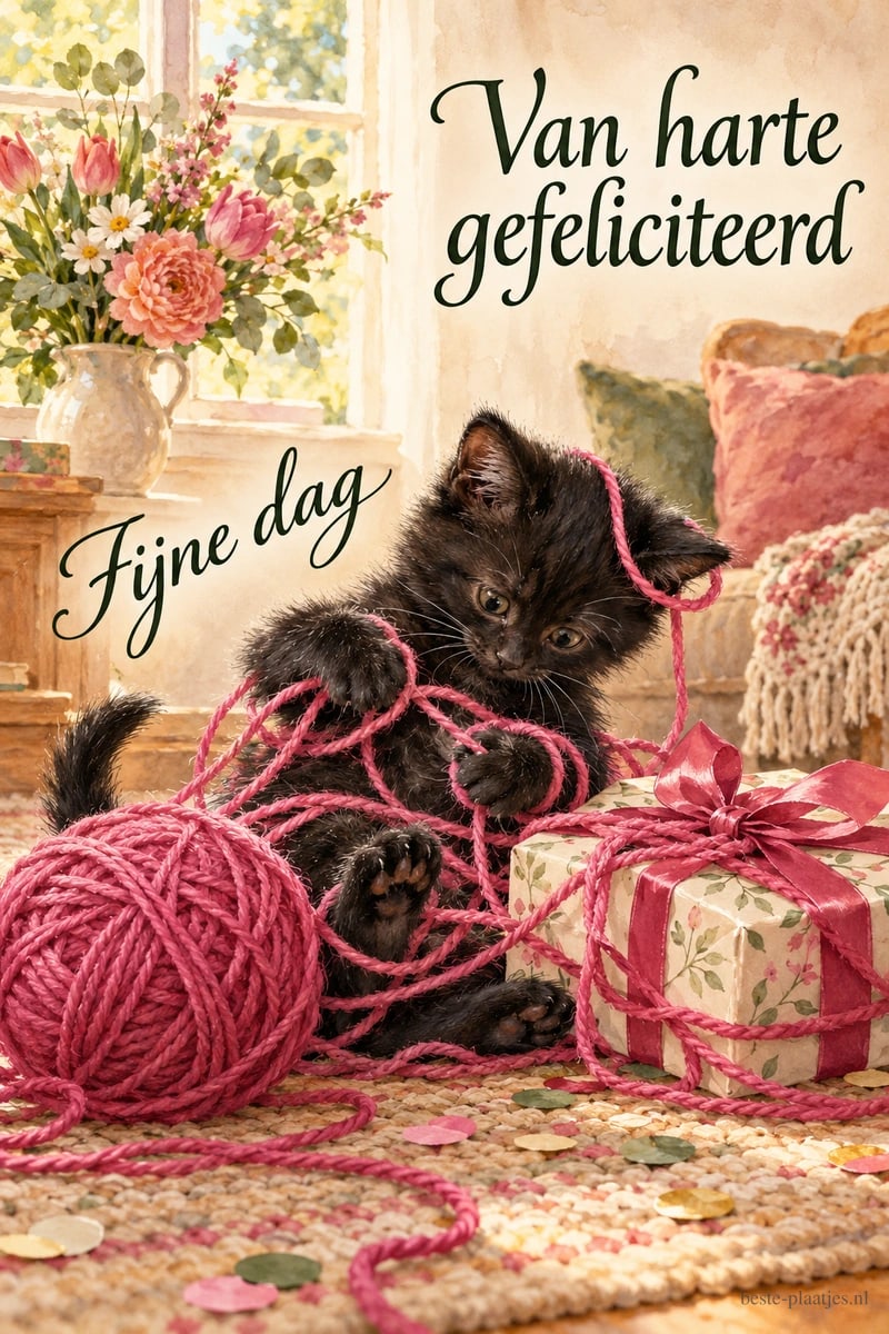 Een zwart katje speelt met roze wol naast een cadeau en bloemen in de lente, met de tekst Van harte gefeliciteerd en Fijne dag.