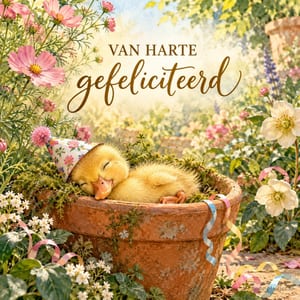 Een geel eendje met een gebloemd feesthoedje ligt te slapen in een terracotta bloempot tussen bloemen en slingers, onder de tekst VAN HARTE gefeliciteerd.