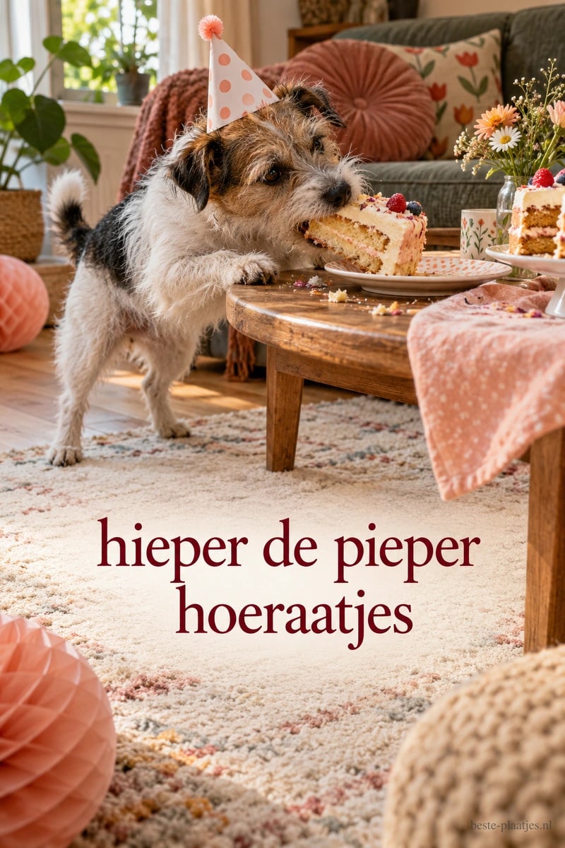 Een hondje met een roze feesthoed bijt in een stuk taart op de salontafel, met daaronder de tekst hieper de pieper hoeraatjes.