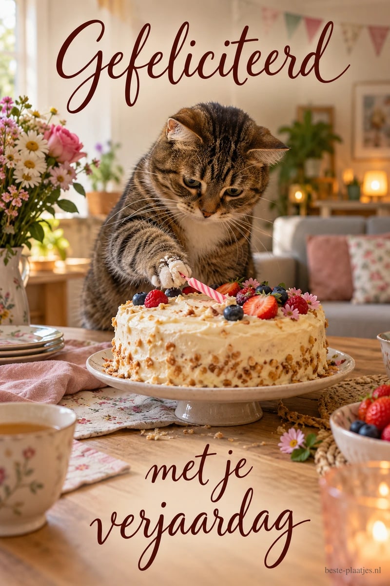 Een gestreepte kat raakt een kaarsje aan op een verjaardagstaart met fruit en bloemen, met de tekst Gefeliciteerd met je verjaardag.