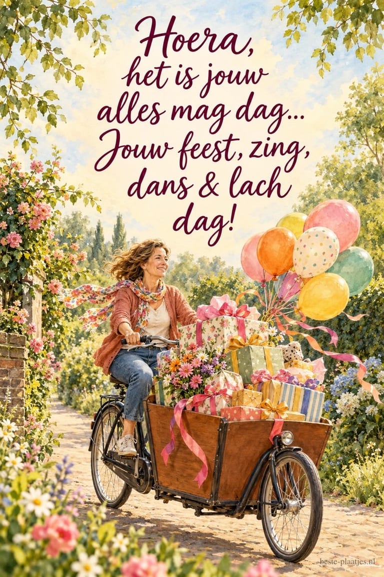 Een vrouw rijdt in de lente met een volle bakfiets, onder 'Hoera, het is jouw alles mag dag... Jouw feest, zing, dans & lach dag!'.