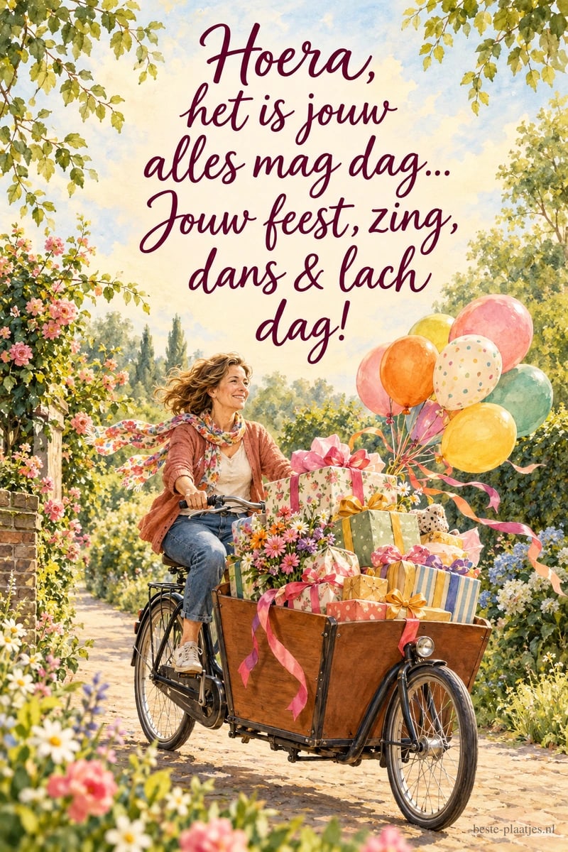 Een vrouw rijdt in de lente met een volle bakfiets, onder 'Hoera, het is jouw alles mag dag... Jouw feest, zing, dans & lach dag!'.